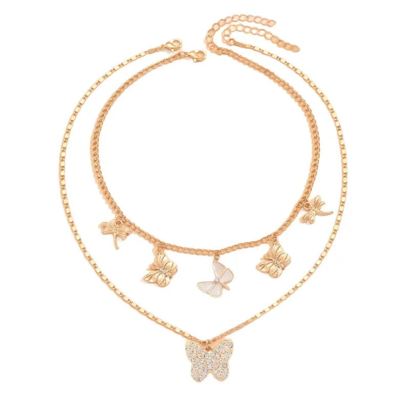 3D Butterfly Dragonfly Pendant Necklace Dual Layer Stack Design Metal Jewelry Insect Pattern Gold Plated Vacation Style For Women