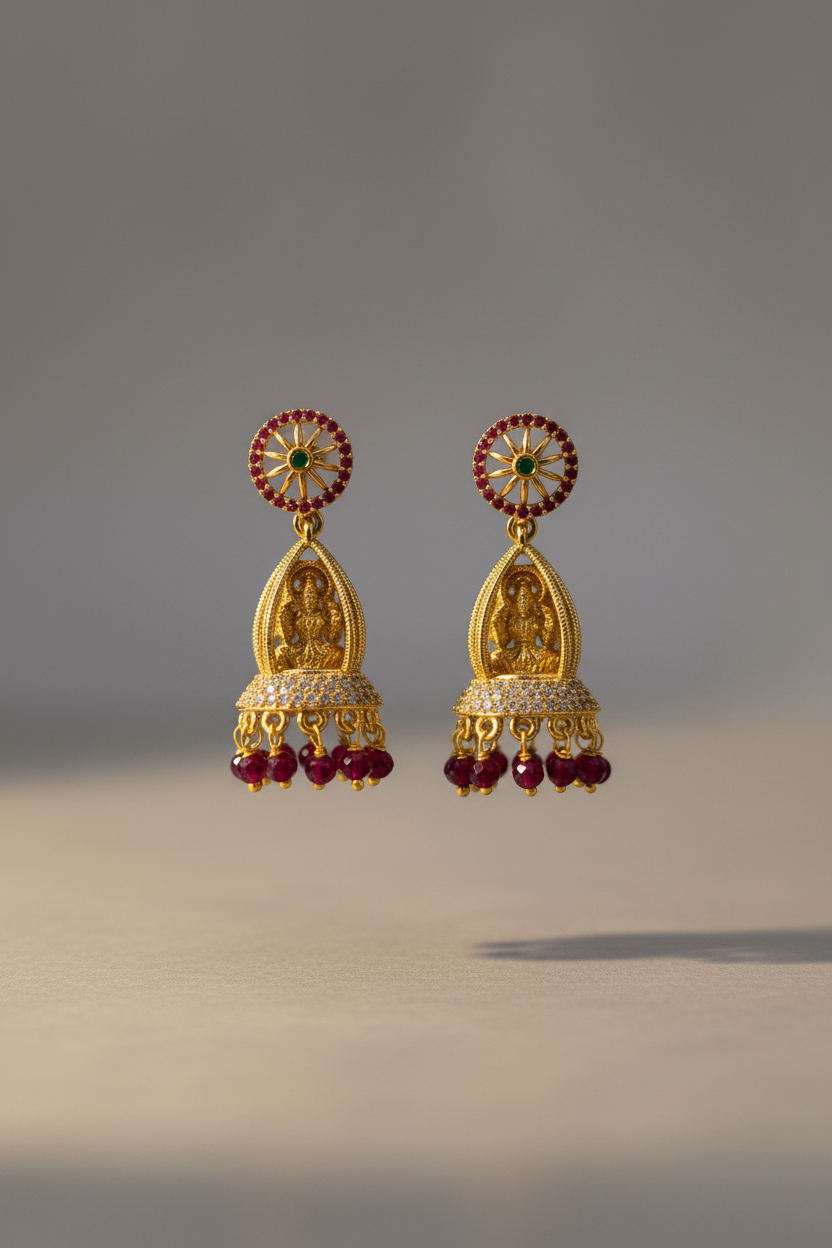 Temple Lakshmi Gold-Plated Jhumka Earrings with Ruby Beads