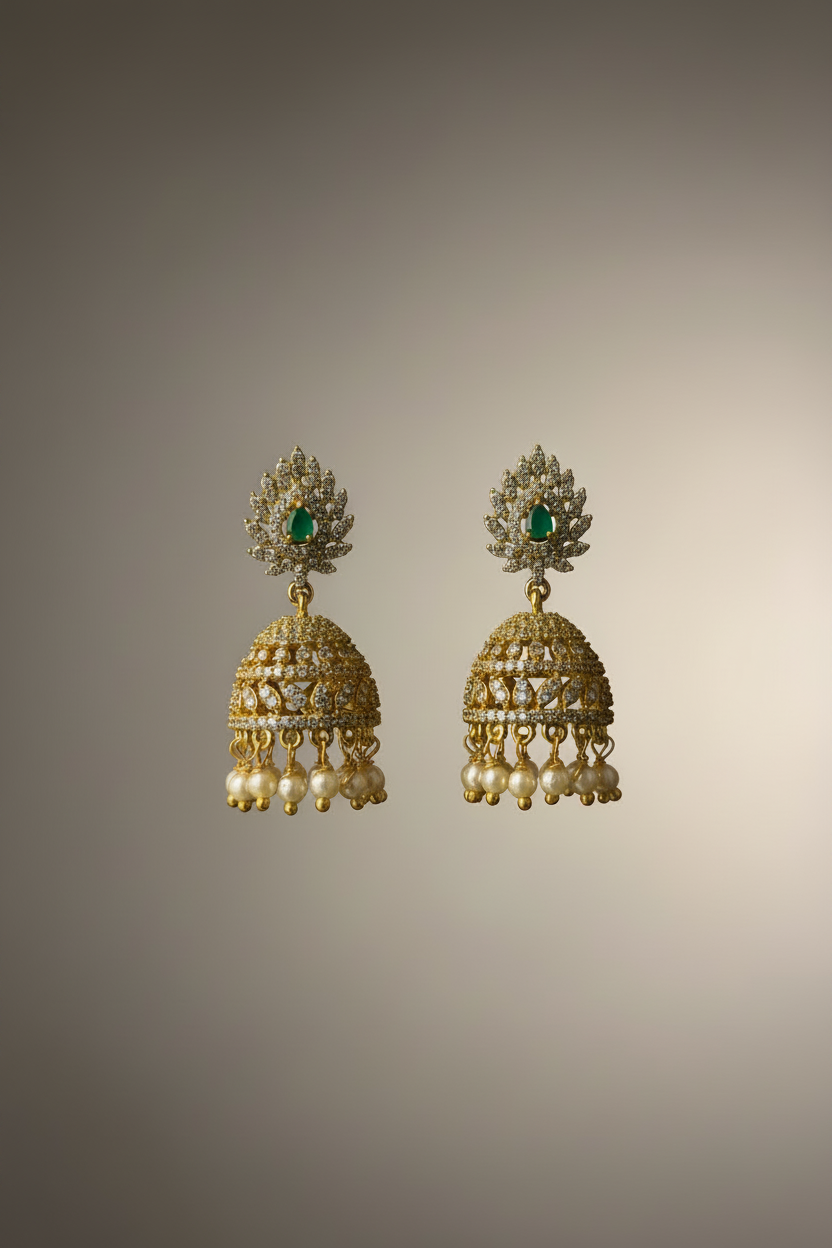 Emerald Green Gold-Plated Jhumka Earrings with CZ Stones & Pearl Drops