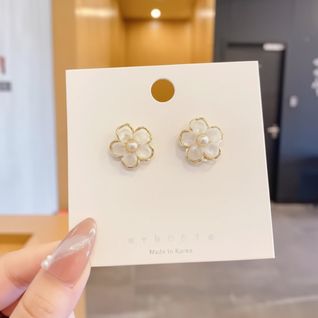 Pair of floral earrings on a white card held by a hand.