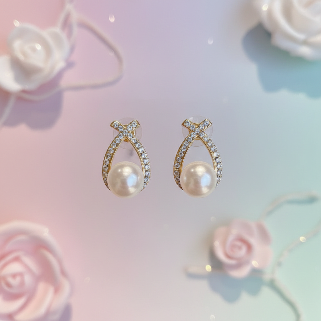 Pearl earrings with gold accents on a soft, floral background