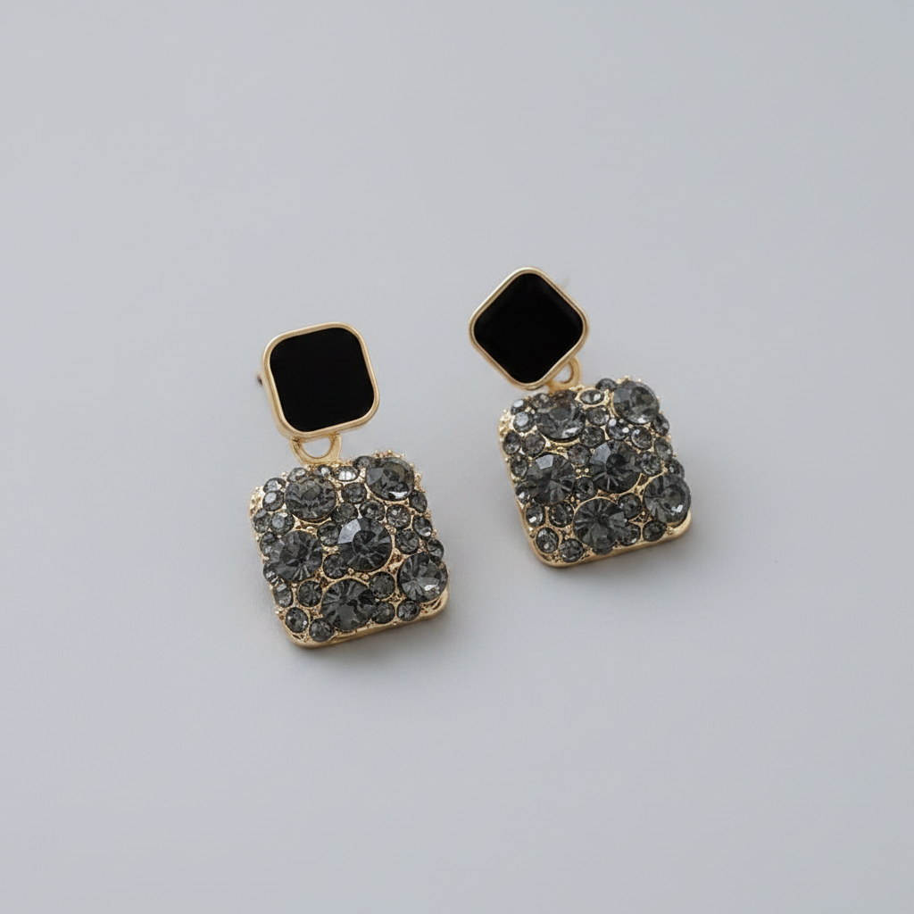 Black Crystal Square Gold-Plated Statement Drop Earrings
