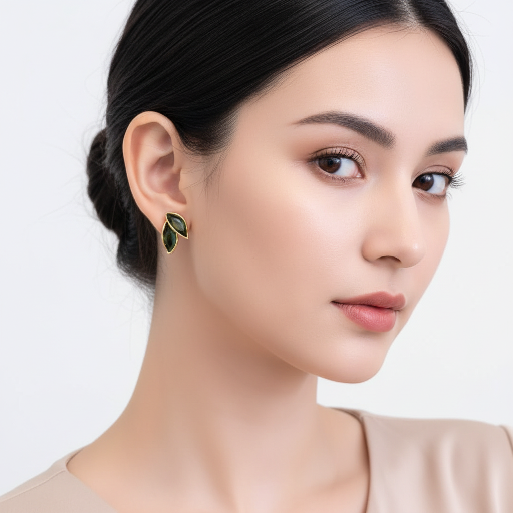 Olive Green Leaf Gold-Plated Minimal Stud Earrings