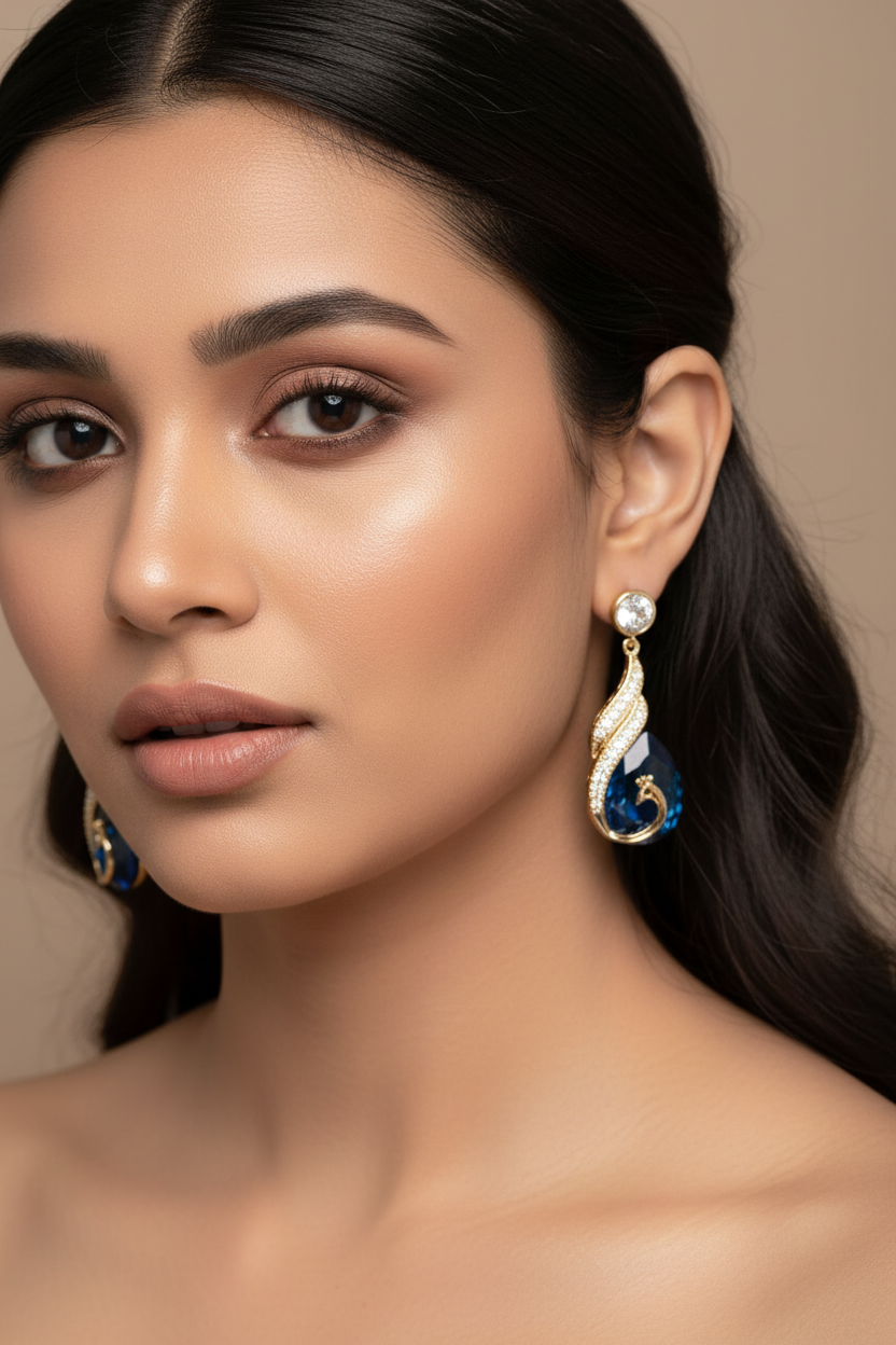Royal Blue Teardrop Gold-Plated Peacock Drop Earrings