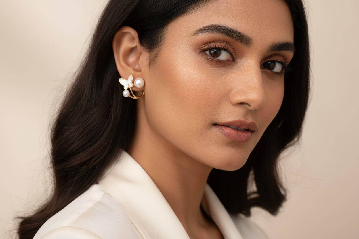Butterfly Pearl Gold-Plated Ear Cuff Stud Earrings