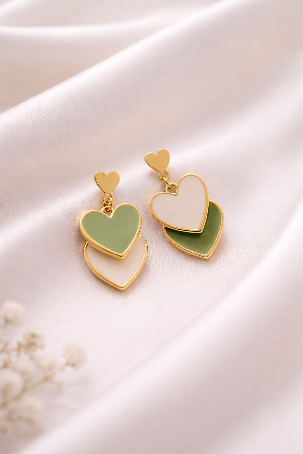Elegant Double Heart Drop Earrings in Green & White – Gold Plated Luxury
