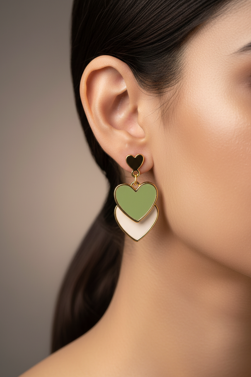 Elegant Double Heart Drop Earrings in Green & White – Gold Plated Luxury