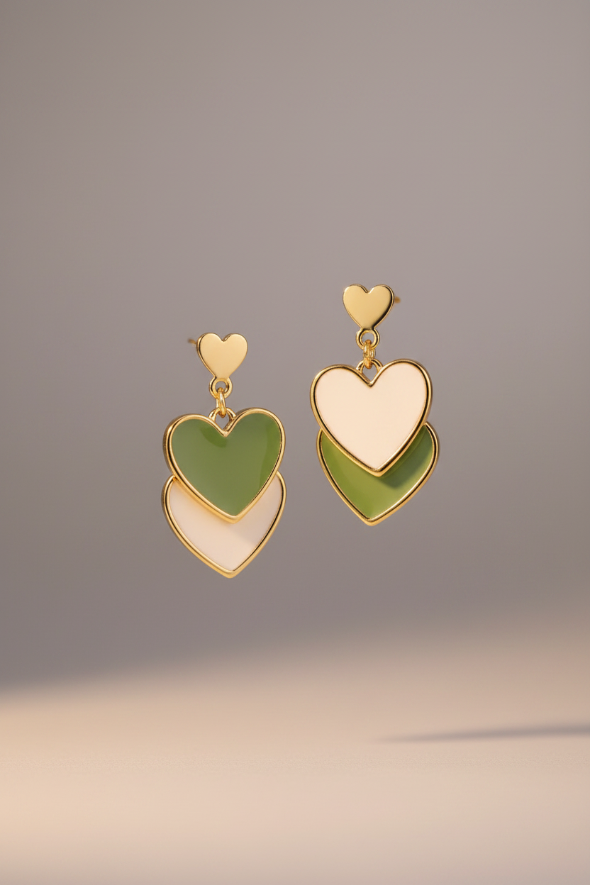 Elegant Double Heart Drop Earrings in Green & White – Gold Plated Luxury