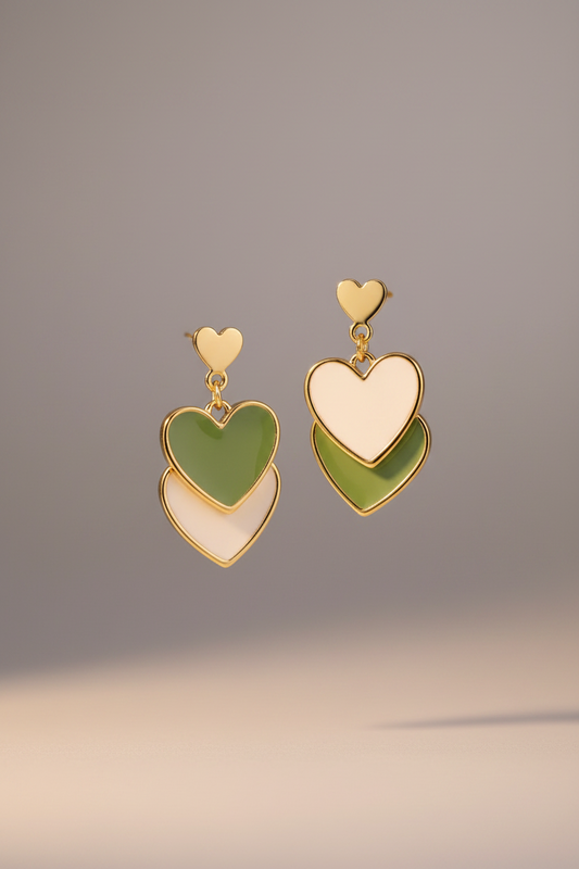 Elegant Double Heart Drop Earrings in Green & White – Gold Plated Luxury