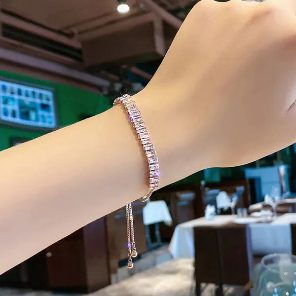 Rose Gold Plated Rectangular Cut Cubic Zirconia White Matrix Tennis Bracelet