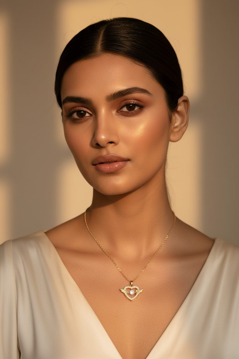 Gold Plated Angel Wing Heart Pendant Necklace with Crystal Accent