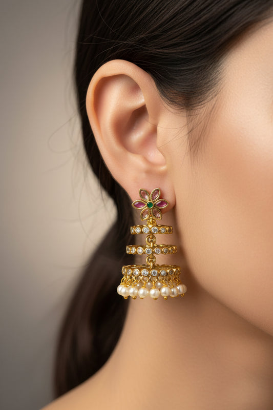 Floral Kundan Stone & Pearl Drop Gold-Tone Jhumka Earrings for Women