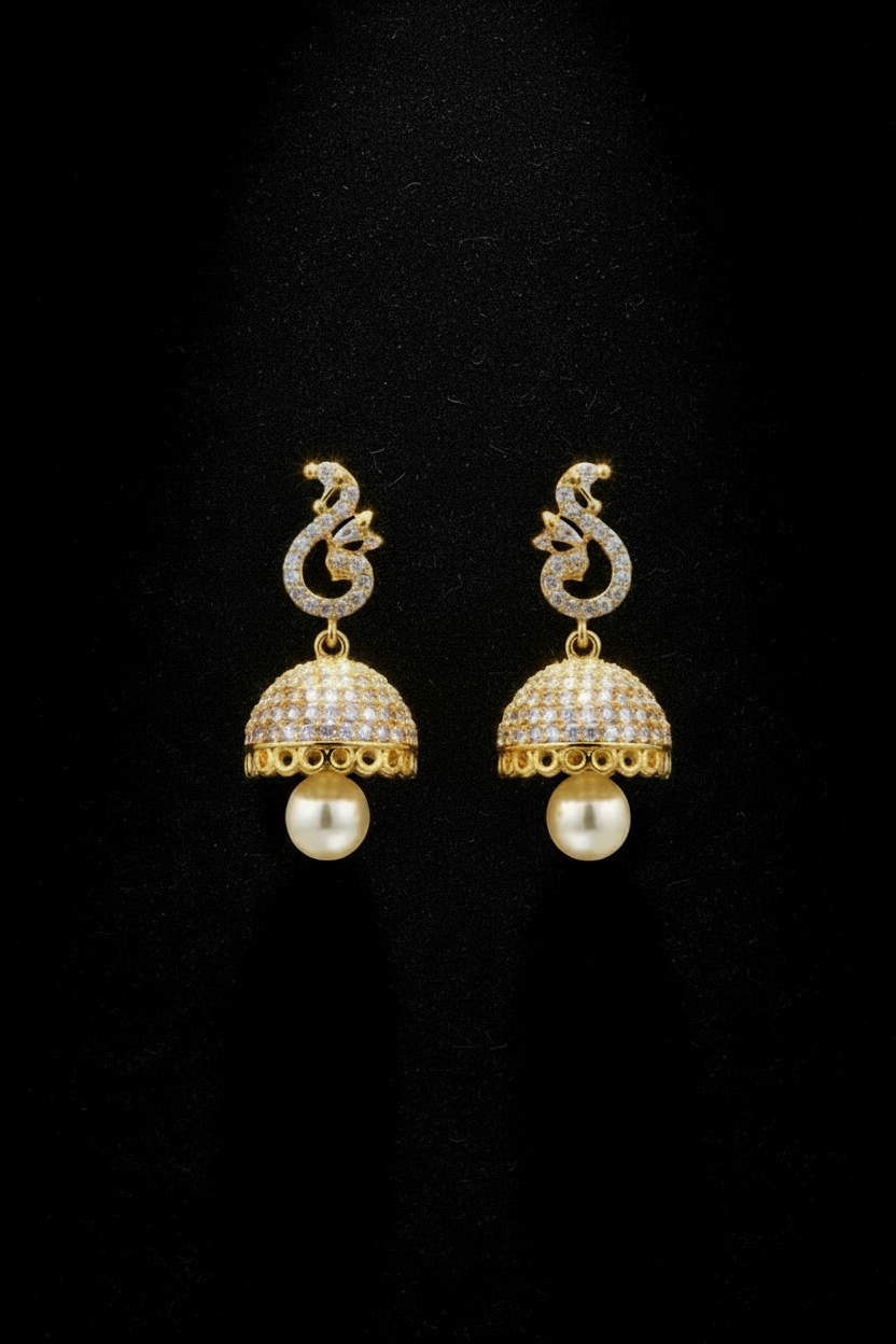 Gold Plated CZ Stone Designer Jhumka Earrings with Pearl Drop for Women