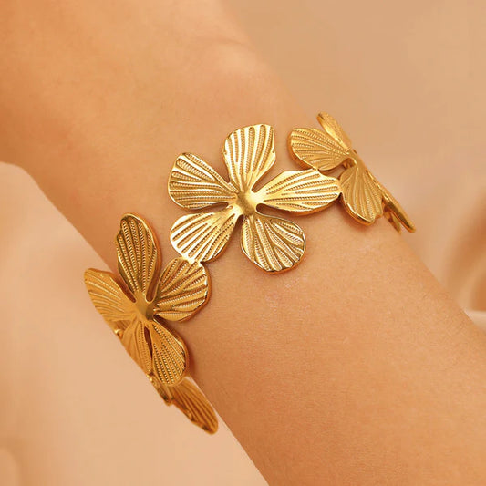 Gold Plated Anti Tarnish Stainless Steel Floral Themed Cuff Bracelet