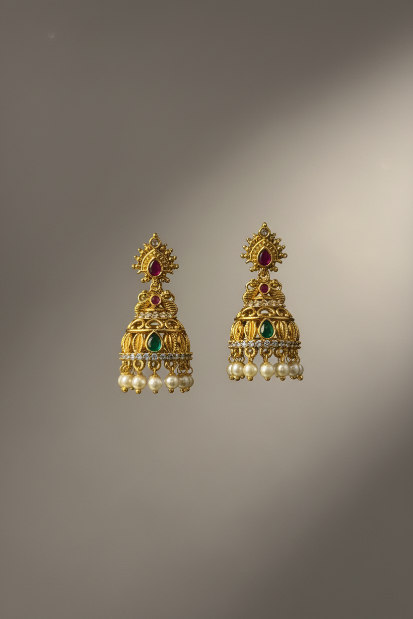 Traditional Gold-Plated Peacock Jhumka Earrings with Ruby, Emerald & Pearl Drops