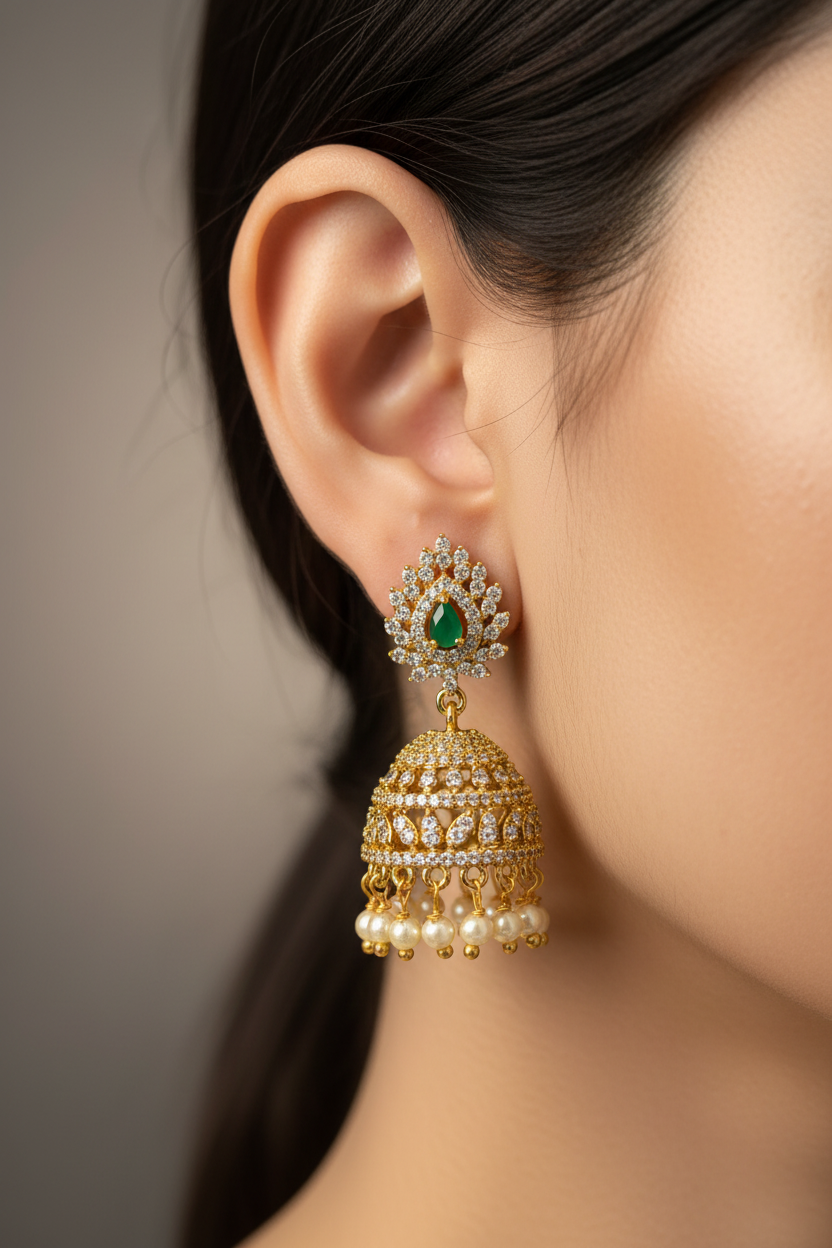 Gold earrings with green gemstone worn by a person against a neutral background