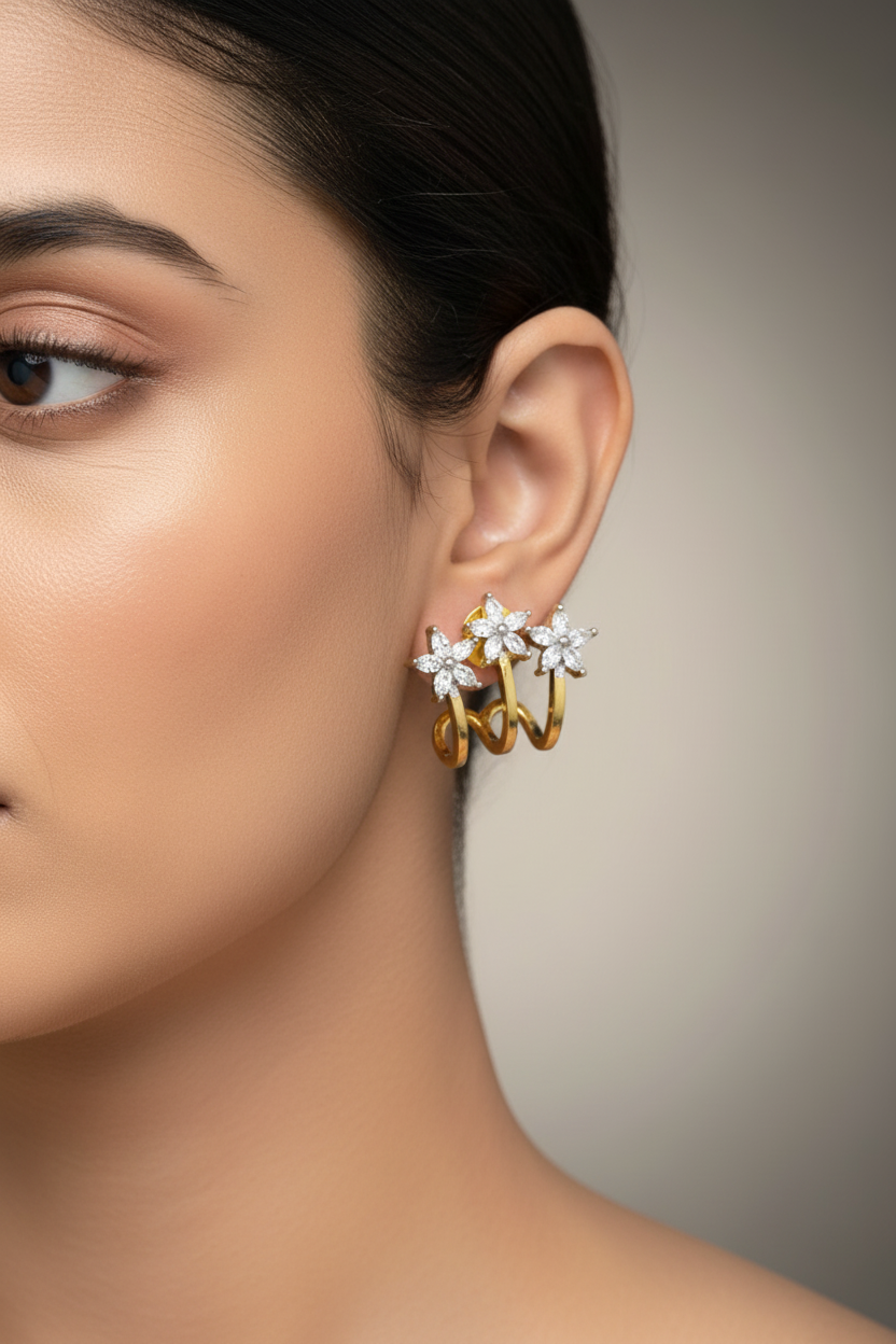 Luxury Floral Ear Cuff Earrings – Gold Plated Cubic Zirconia Statement Earrings