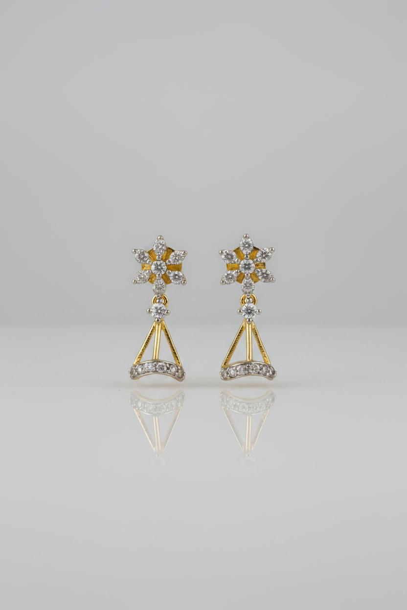 Elegant Floral Triangle Drop Earrings – Gold & Silver Finish CZ Earrings