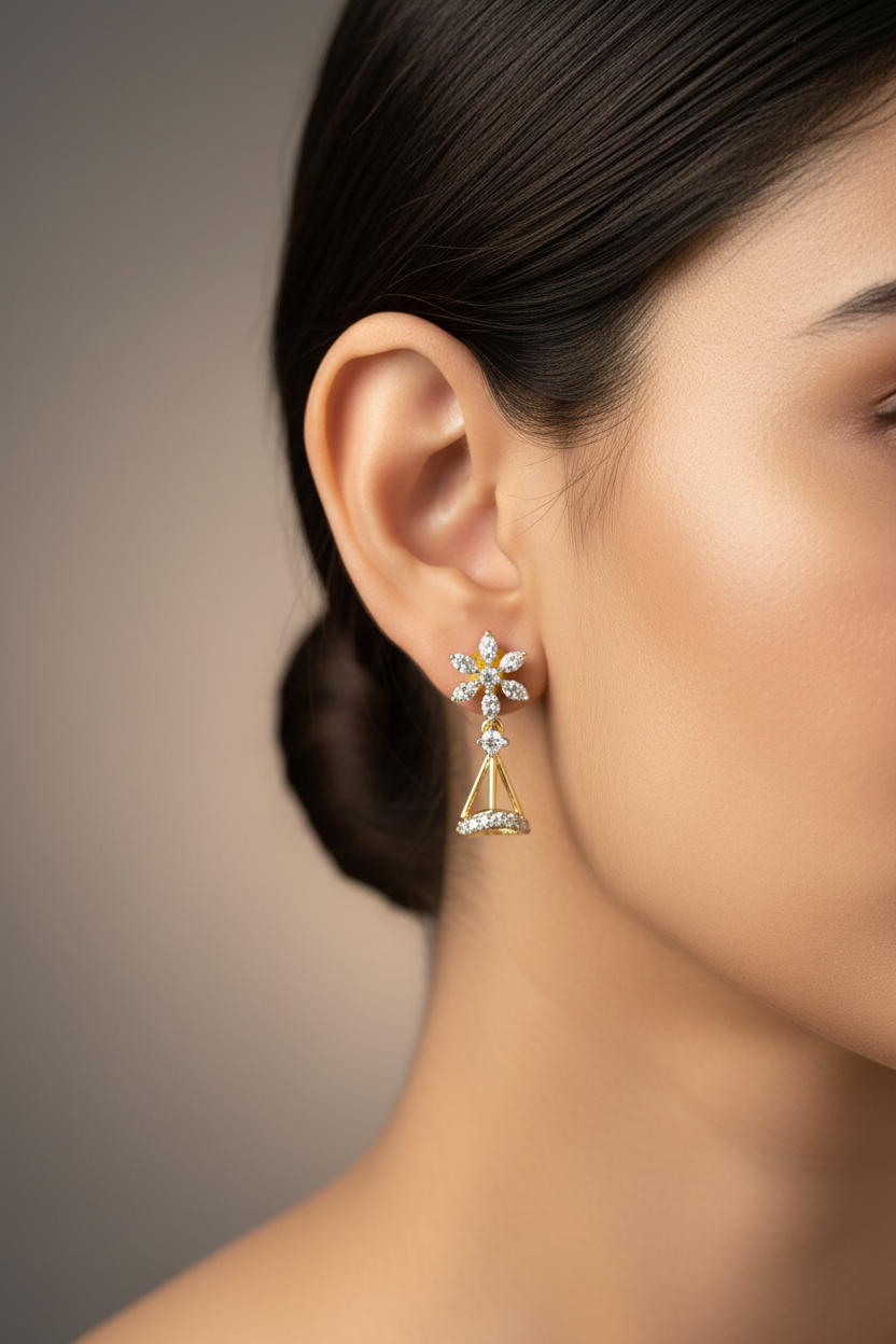 Elegant Floral Triangle Drop Earrings – Gold & Silver Finish CZ Earrings