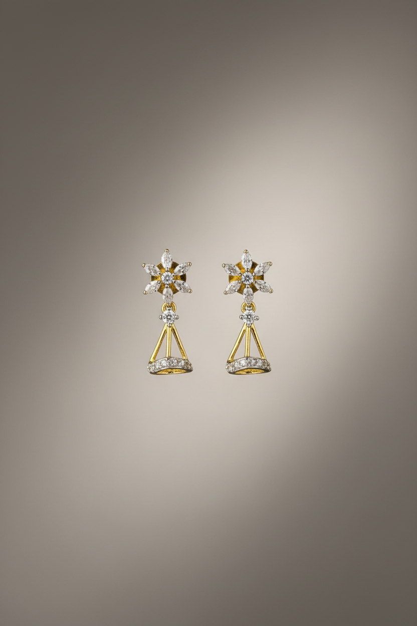 Elegant Floral Triangle Drop Earrings – Gold & Silver Finish CZ Earrings