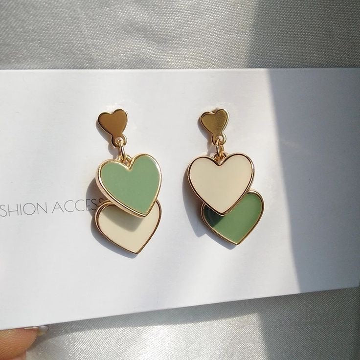 Elegant Double Heart Drop Earrings in Green & White – Gold Plated Luxury