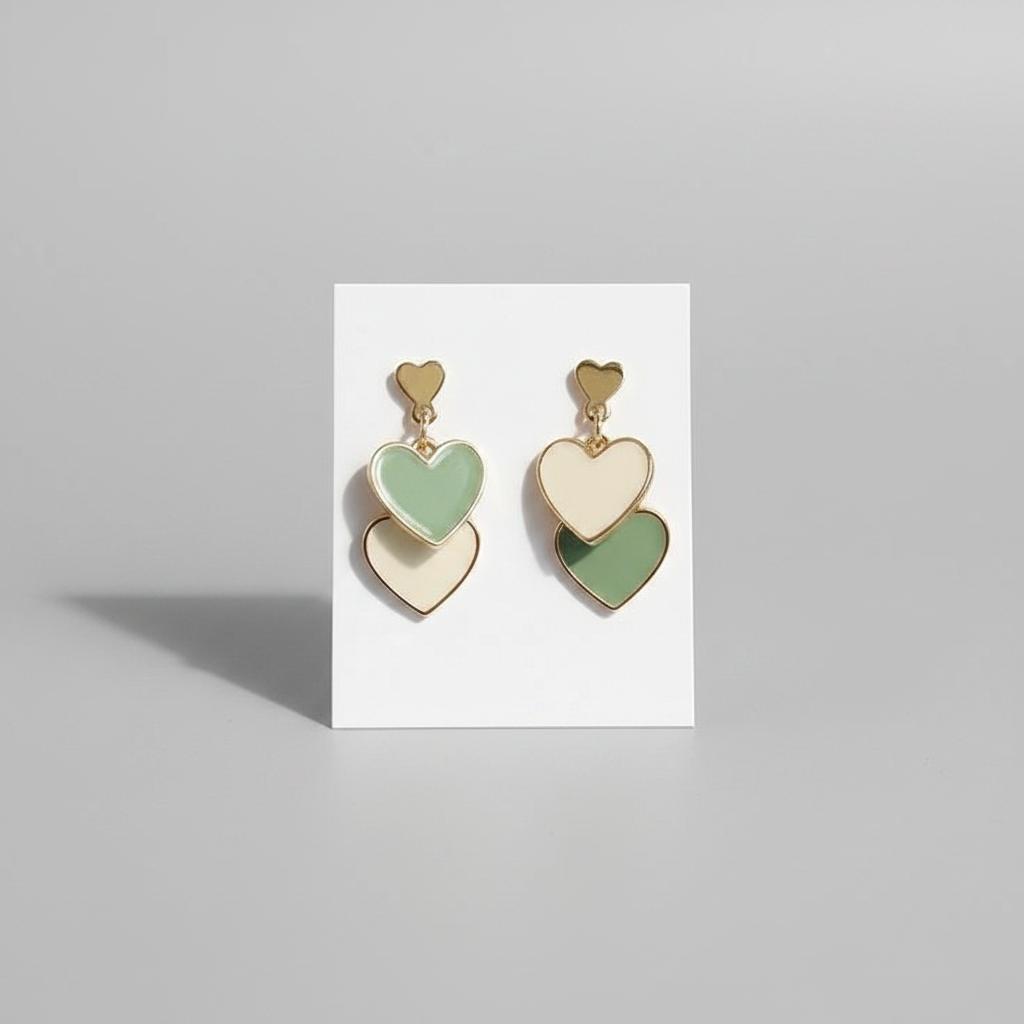 Elegant Double Heart Drop Earrings in Green & White – Gold Plated Luxury