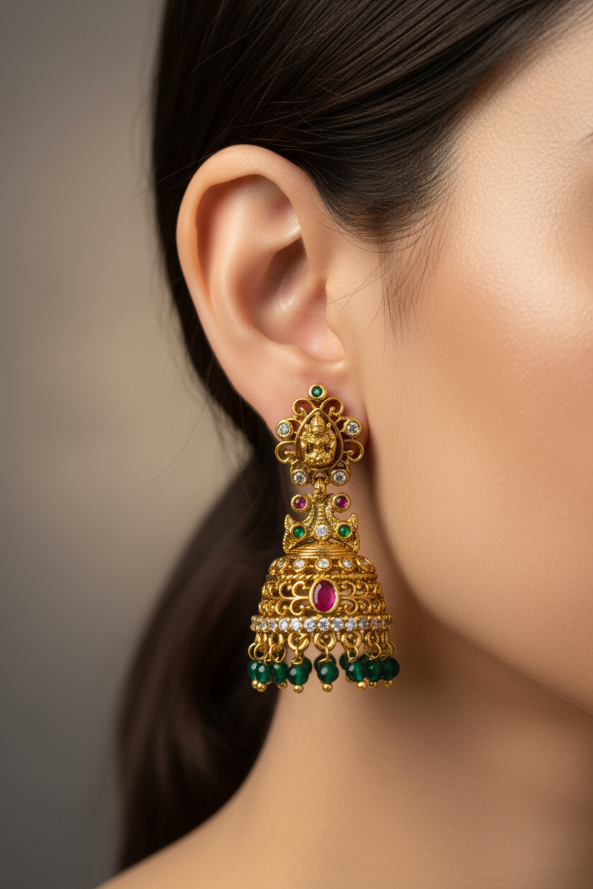 Gold Plated Temple Lakshmi Jhumka Earrings with Ruby Stone & Bead Drops