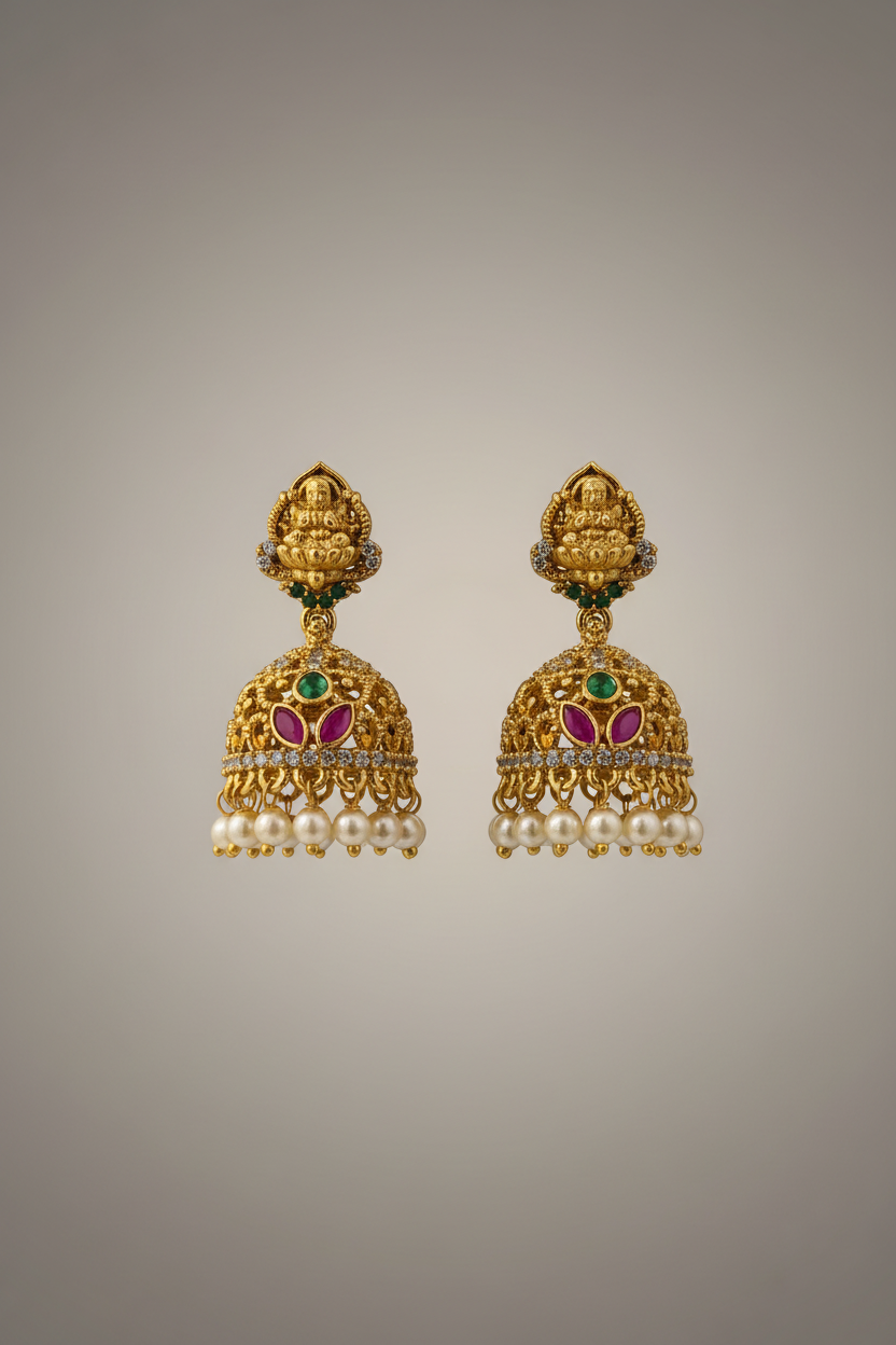 Gold earrings with pearls and gemstones on a gray background