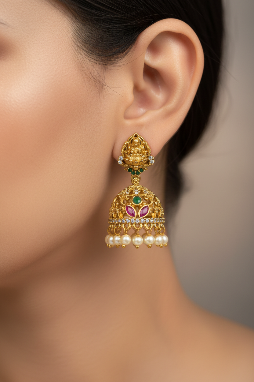 Lakshmi Temple Jhumka Earrings with Ruby, Green Stones & Pearl Drops