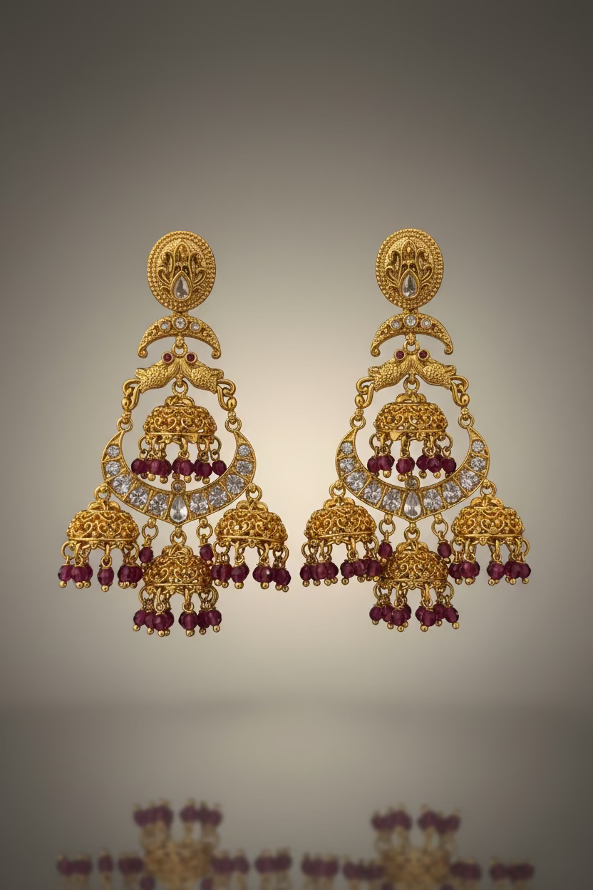Gold and red gemstone earrings on a card held by a hand against a dark background