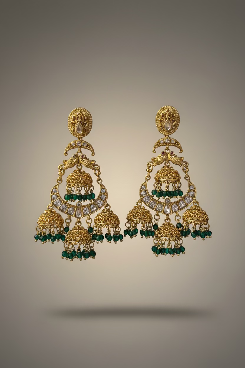 Gold and green earrings on a Pranvi branded card held by a hand.