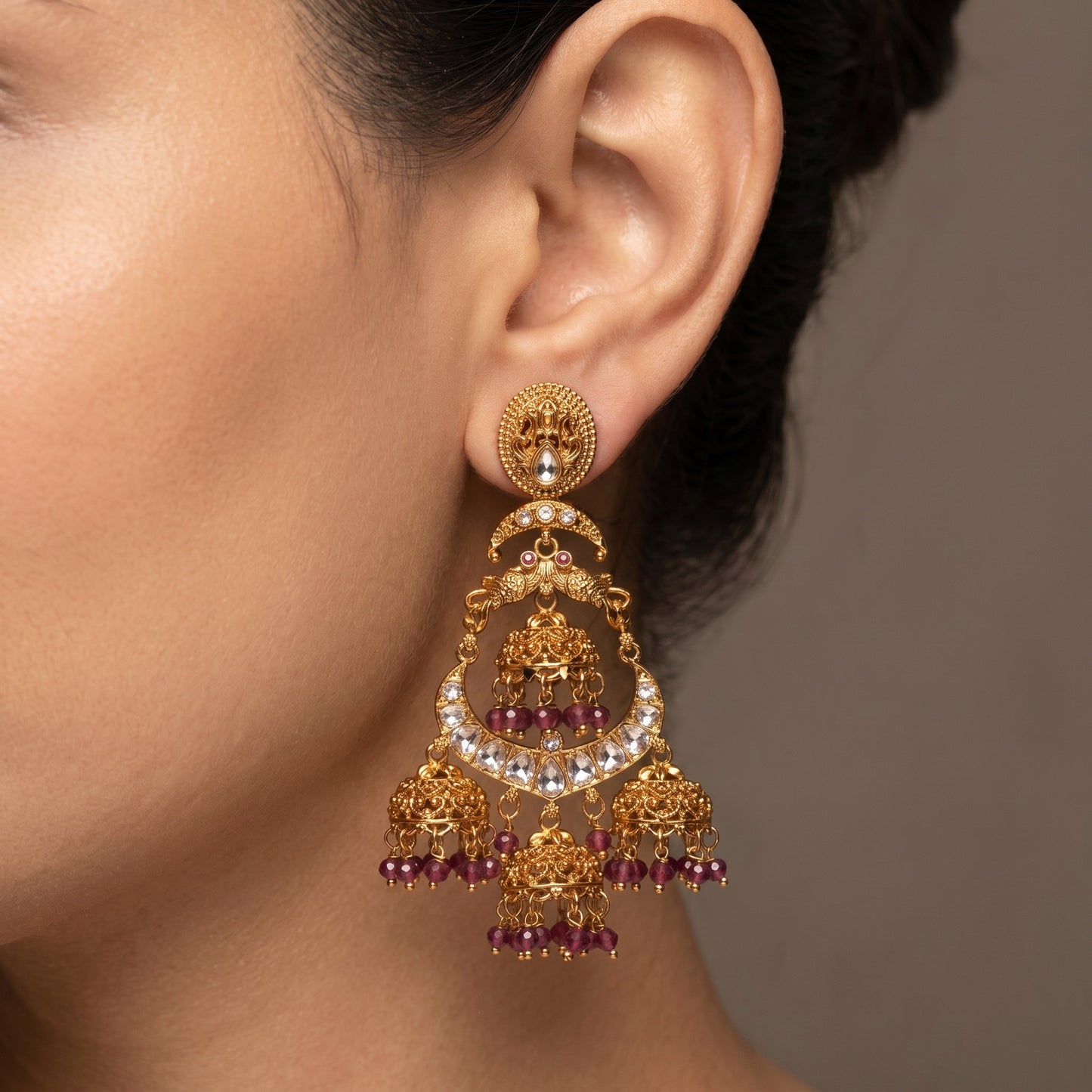 Gold Plated Peacock Chandbali Jhumka Earrings with Kundan Stones & Bead Drops