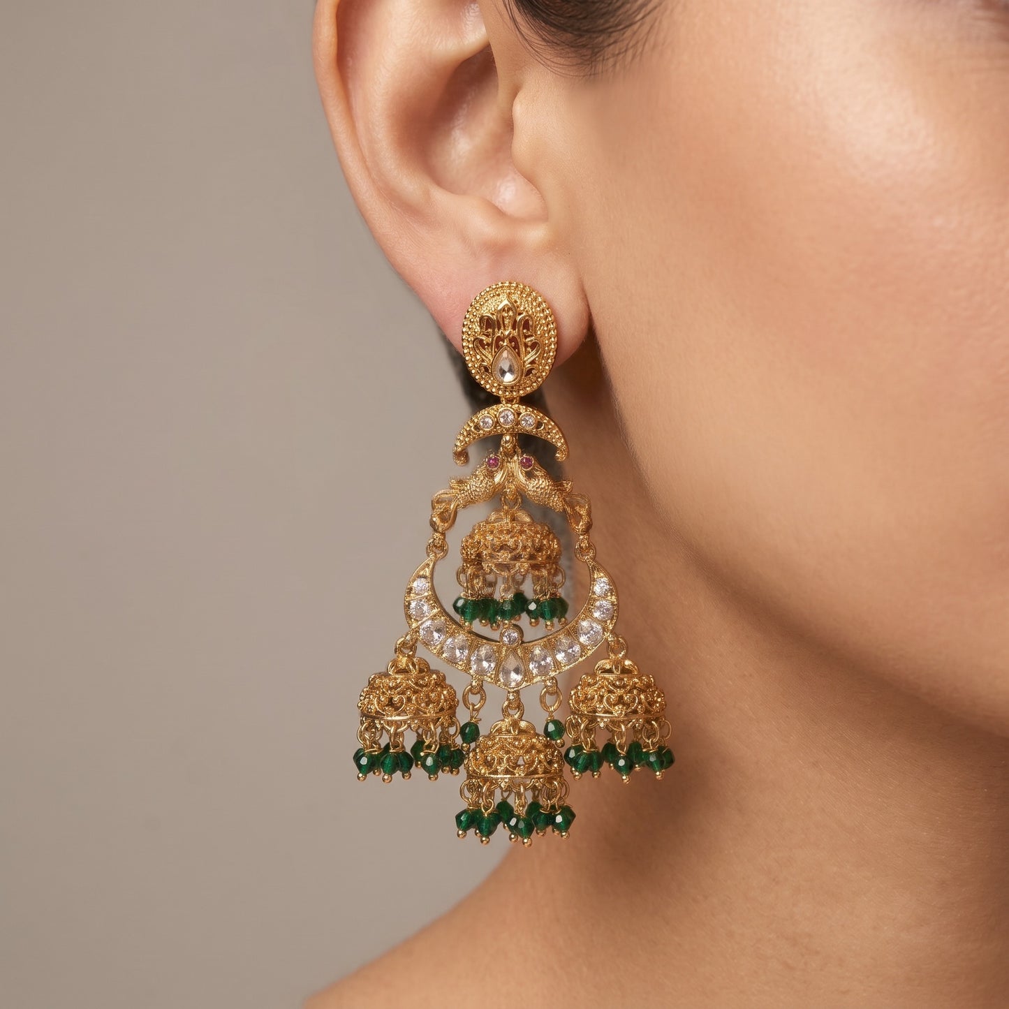 Gold Plated Peacock Chandbali Jhumka Earrings with Kundan Stones & Bead Drops
