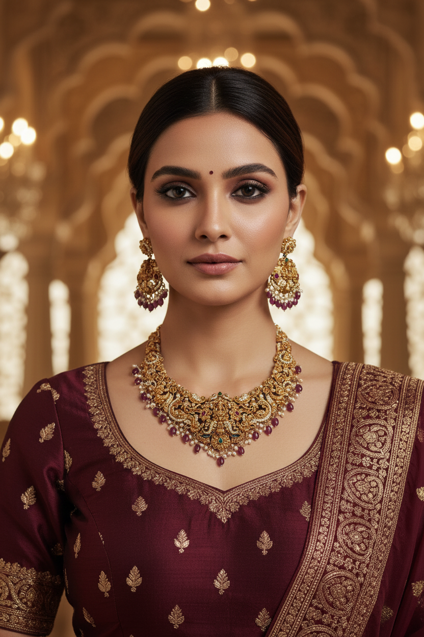 Temple Lakshmi Bridal Choker Set with Ruby Beads & CZ Stones – Antique Gold Finish
