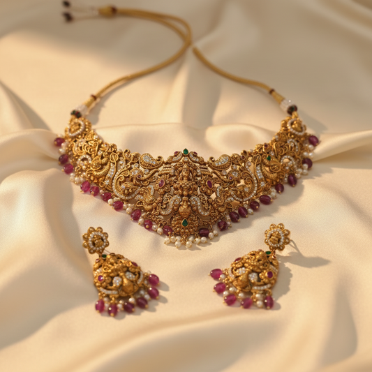Temple Lakshmi Bridal Choker Set with Ruby Beads & CZ Stones – Antique Gold Finish