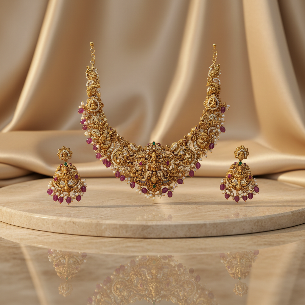 Temple Lakshmi Bridal Choker Set with Ruby Beads & CZ Stones – Antique Gold Finish