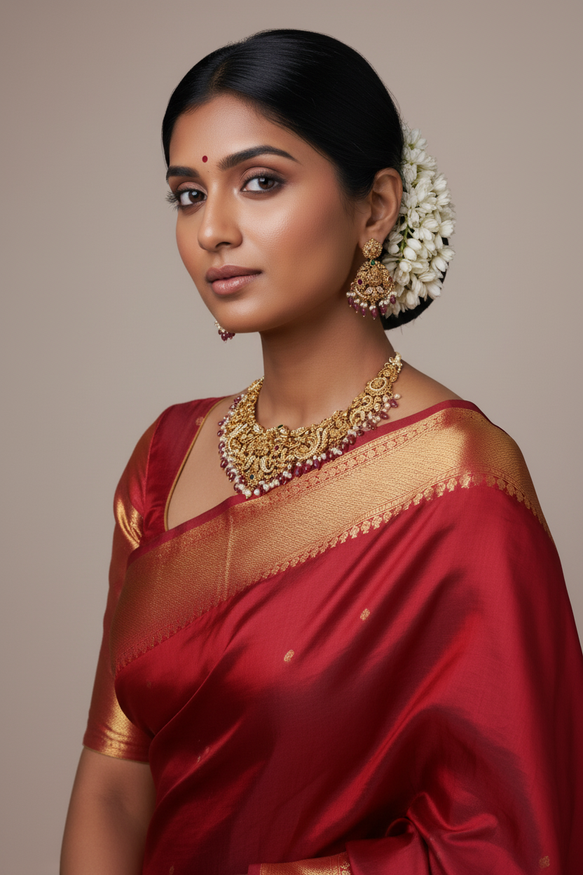 Woman wearing gold jewelry against a neutral background