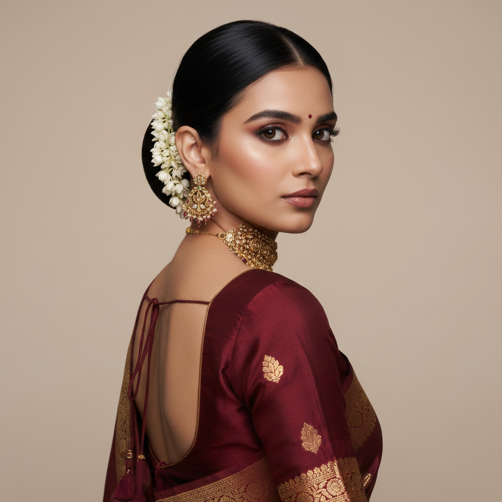 Woman wearing gold jewelry against a beige background