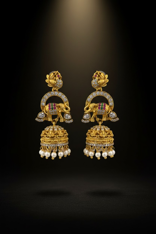 Royal Elephant Motif Kundan Pearl Jhumka Earrings for Women – Gold-Tone Traditional Jewelry