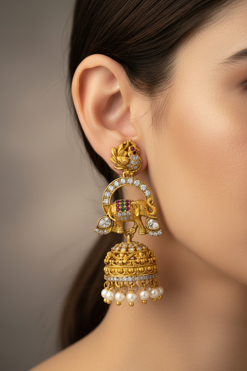 Royal Elephant Motif Kundan Pearl Jhumka Earrings for Women – Gold-Tone Traditional Jewelry
