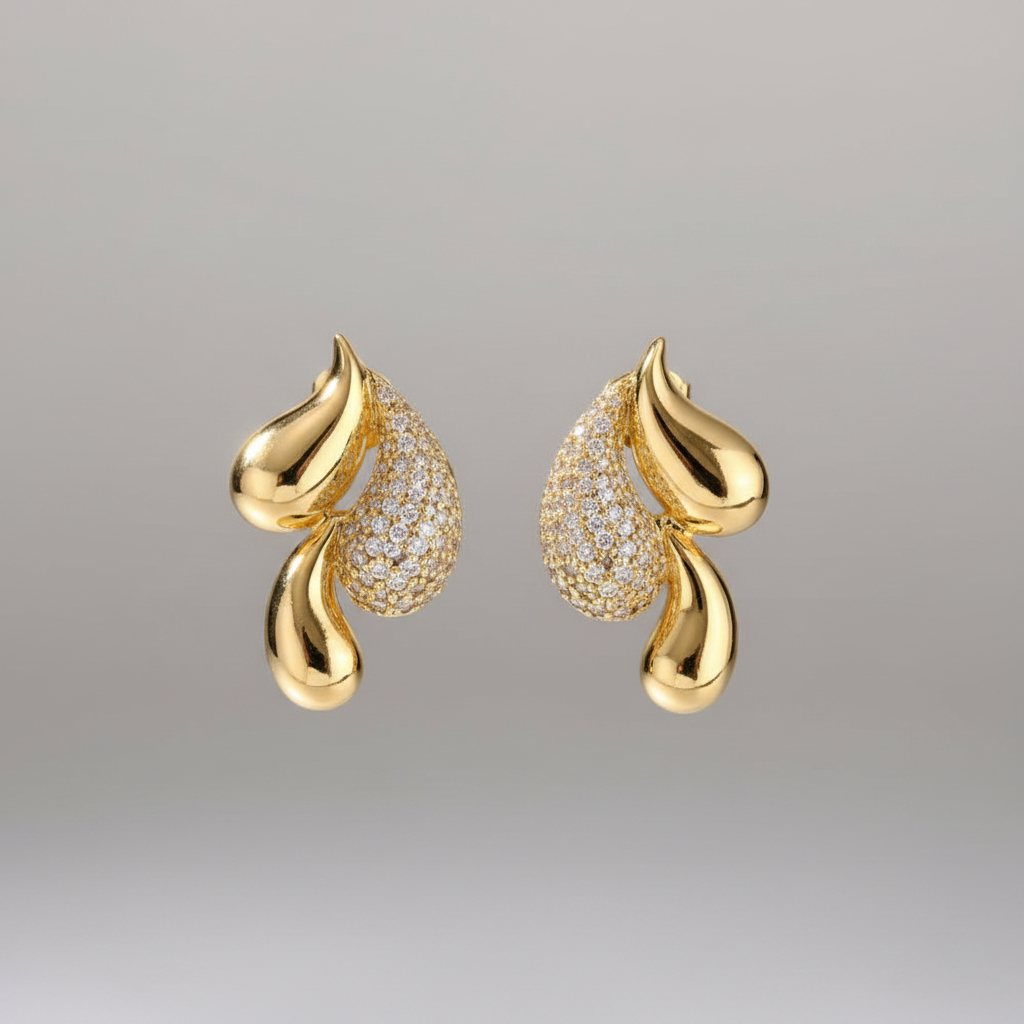 White Zircon Light Gold Stitching Water Drop Gold Earrings