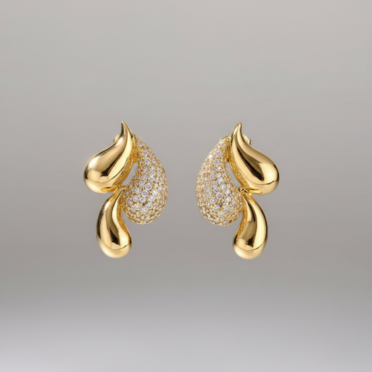 White Zircon Light Gold Stitching Water Drop Gold Earrings