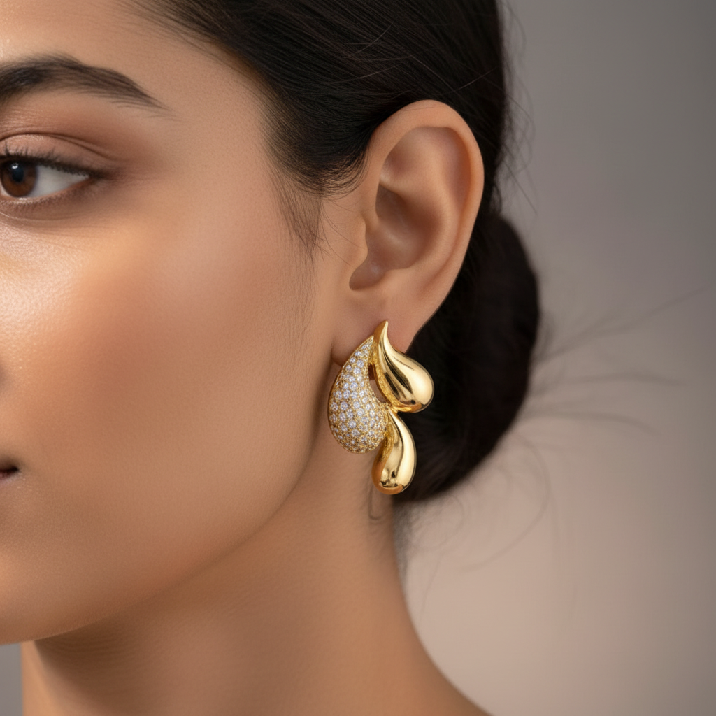 White Zircon Light Gold Stitching Water Drop Gold Earrings
