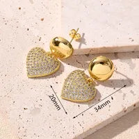 White Heart-Shaped Zircon Light Gold round Gold Earrings [34x20mm (Needle Thickness::0.8mm)]|1 Pair/Package