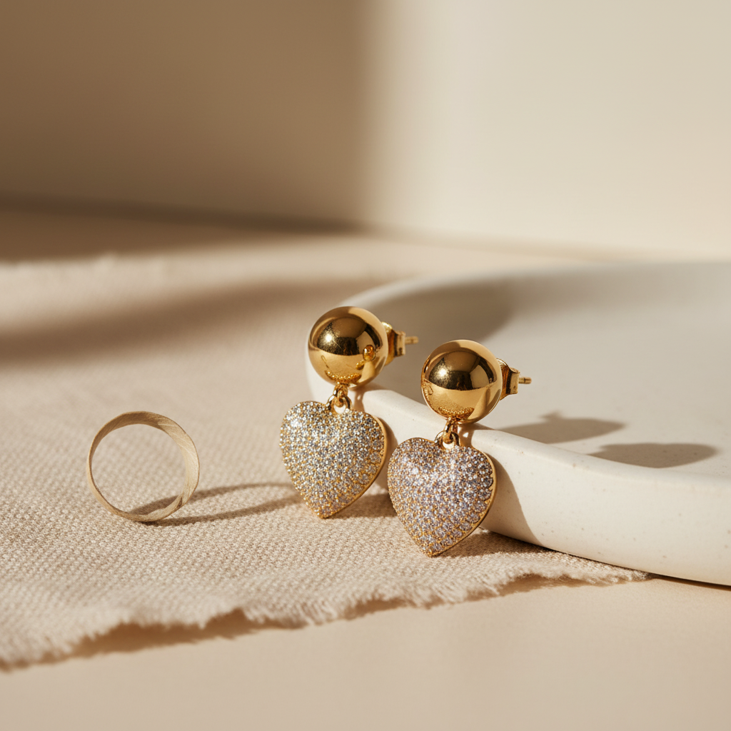 White Heart-Shaped Zircon Light Gold round Gold Earrings