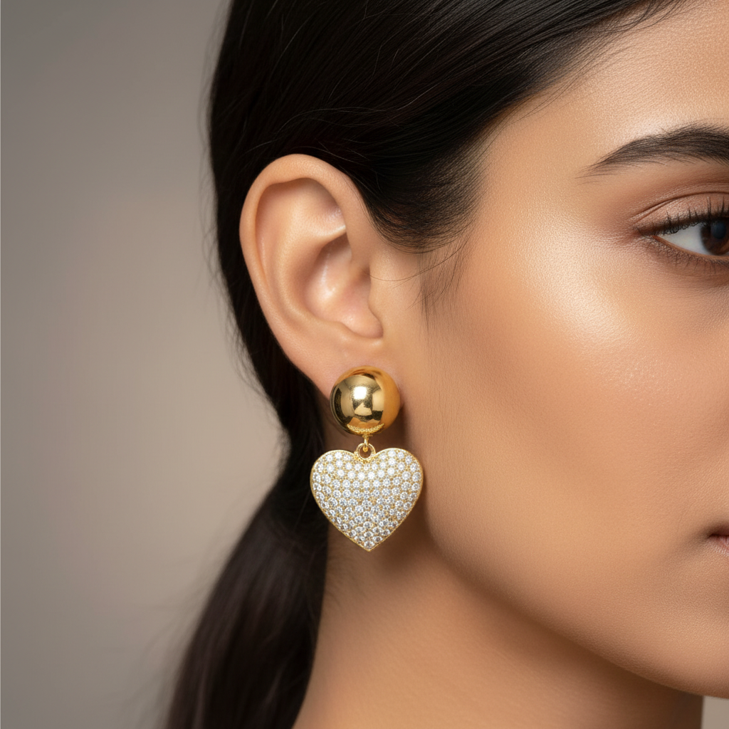 White Heart-Shaped Zircon Light Gold round Gold Earrings