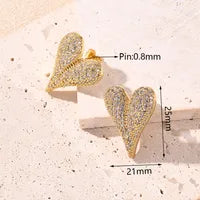 Inlaid White Zircon Pointed Heart-Shaped White Zircon Light Gold Stitching Water Drop Gold Earrings [25x21mm (Needle Thickness:0.8mm)]|1 Pair/Package