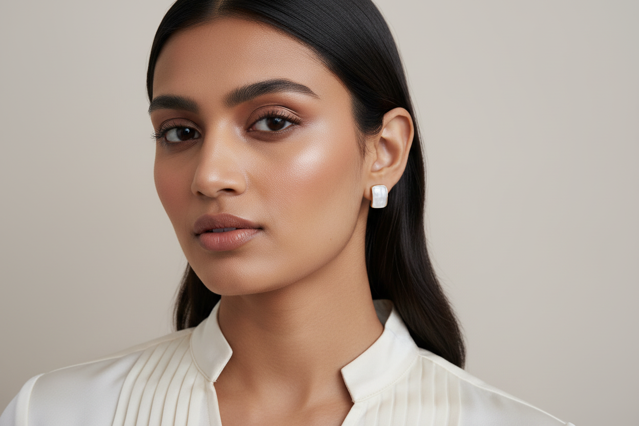 Gold-Arched Drop Oil Beige Earrings
