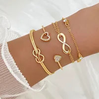 Creative Alloy Heart Knot Bracelet Set Geometric Vintage Style Women's Diamond Embedded Hand Chain Fashion Jewelry