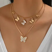 3D Butterfly Dragonfly Pendant Necklace Dual Layer Stack Design Metal Jewelry Insect Pattern Gold Plated Vacation Style For Women
